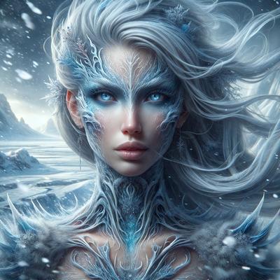 The primary subject of the image is a woman with a unique and intricate design on her face. She has a mix of blue and white colors, giving her a striking appearance. The setting is a snowy environment, with a mountain in the background. The visual style of the image is digital art, showcasing the woman's features and the surrounding snowy landscape. The overall atmosphere of the image is cold and serene, with the woman's striking design standing out against the snowy backdrop.